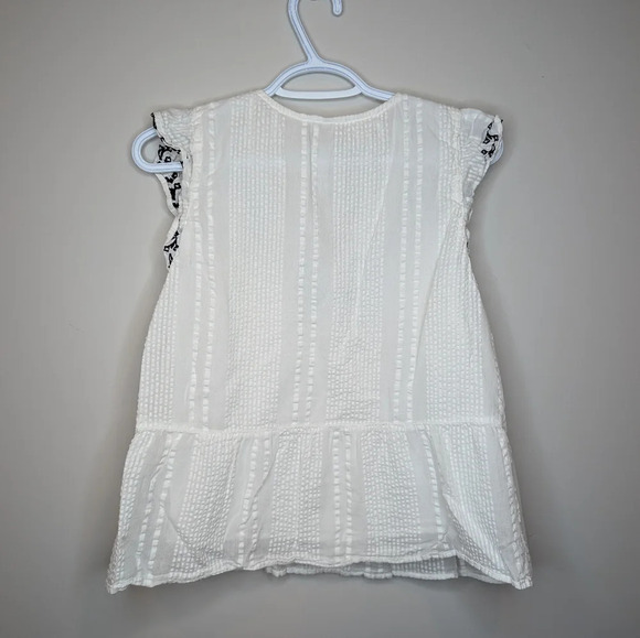 LOFT Petites MP White Sleeveless Blouse Blue Embroidery Ruffled Detail Women - Picture 2 of 11